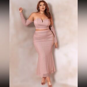 PINK OFF SHOULDER RUCHED CROP TOP & SKIRT MATCHING SET
